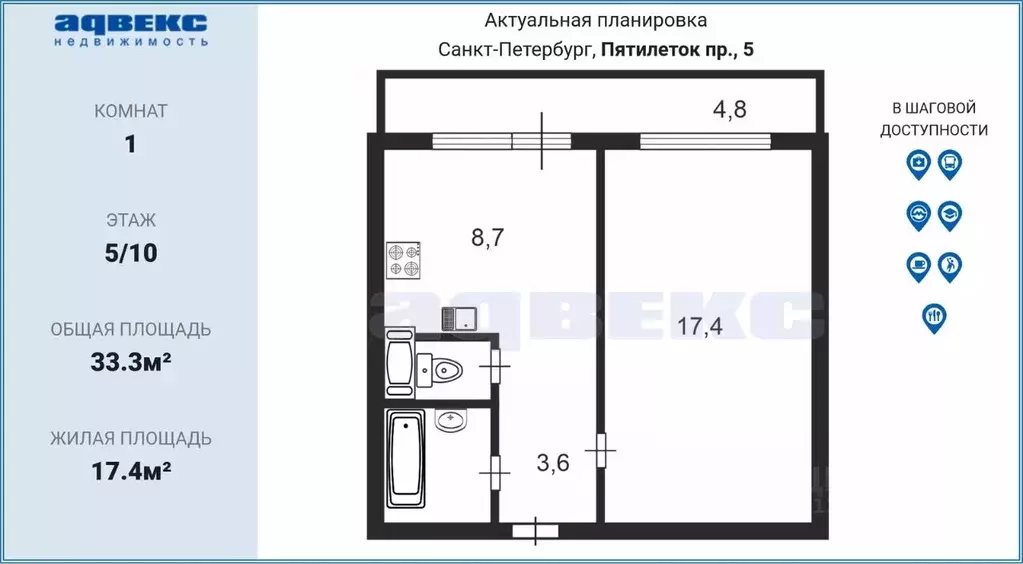 1-к кв. Санкт-Петербург просп. Пятилеток, 5 (33.3 м) - Фото 1