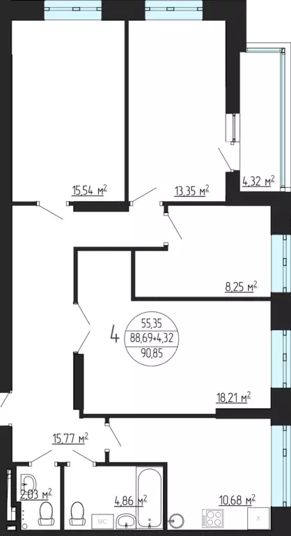 4-к квартира, 90.85 м - Фото 0