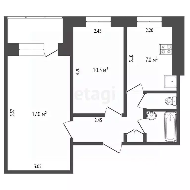 Квартира, 2 комнаты, 43.1 м - Фото 2