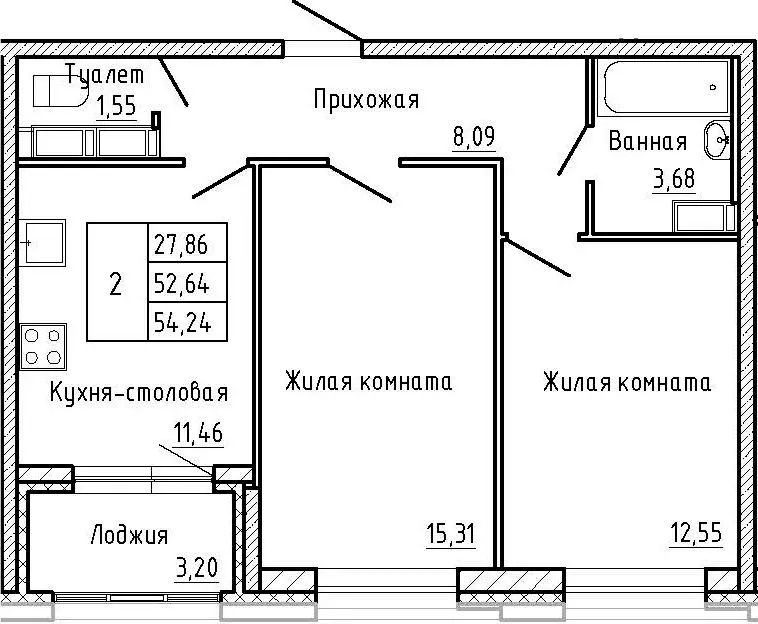Продаётся 2-к квартира, 54.64 м - Фото 1