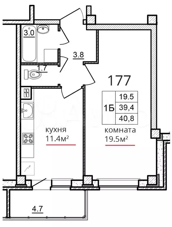 1-к. квартира, 40,8 м, 4/9 эт. - Фото 0