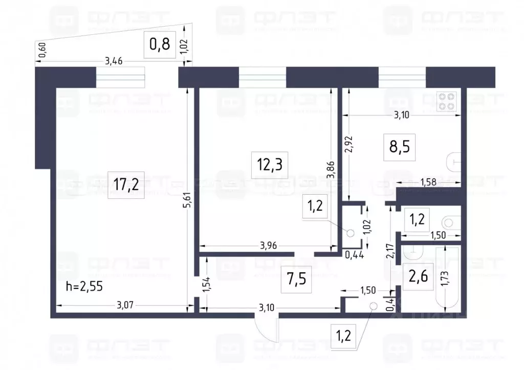 2-к кв. Татарстан, Казань ул. Фатыха Амирхана, 34 (51.0 м) - Фото 2