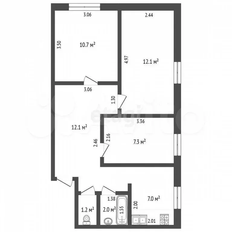 3-к. квартира, 51 м, 1/2 эт. - Фото 0