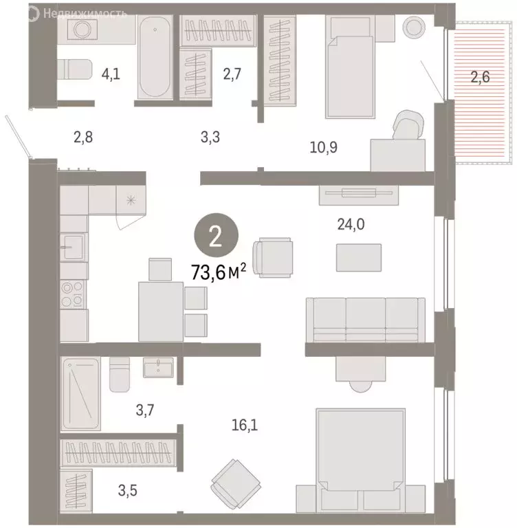 2-комнатная квартира: Тюмень, Мысовская улица, 26к2 (73.58 м) - Фото 1
