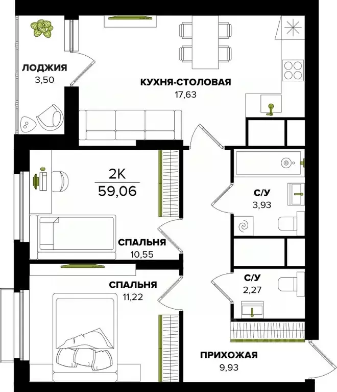 2-к кв. Тульская область, Тула  (59.06 м) - Фото 0