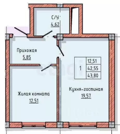 1-к кв. Кабардино-Балкария, Нальчик ул. Байсултанова, 28 (43.8 м) - Фото 1