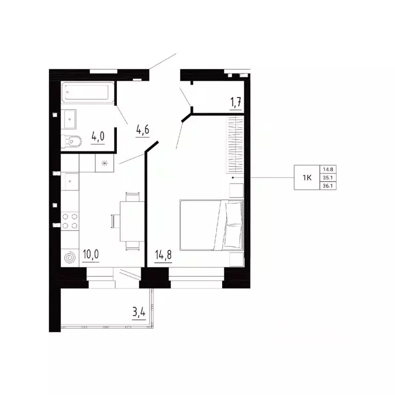 1-к кв. Орловская область, Орловский муниципальный округ, д. ... - Фото 1