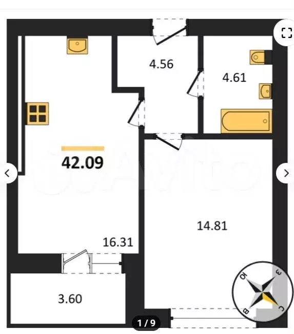 1-к. квартира, 42,1 м, 7/9 эт. - Фото 1