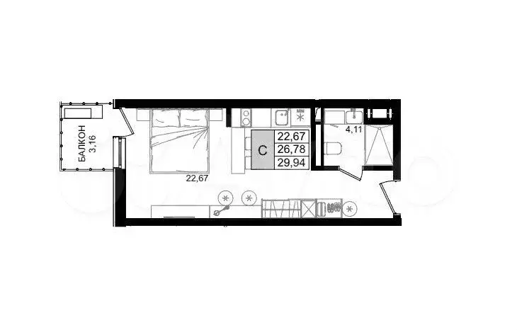 Апартаменты-студия, 29,9 м, 7/8 эт. - Фото 0