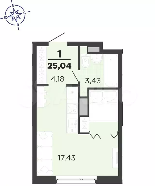 Квартира-студия, 25 м, 5/25 эт. - Фото 0