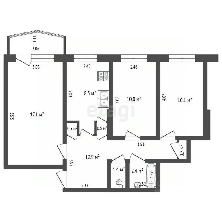 3-к кв. Саха (Якутия), Якутск ул. Дзержинского, 20к2 (61.9 м) - Фото 2