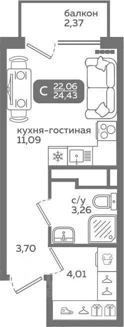 Студия Тюменская область, Тюмень ул. Заполярная, 9/2 (22.06 м) - Фото 0
