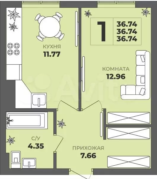 1-к. квартира, 37 м, 4/8 эт. - Фото 1