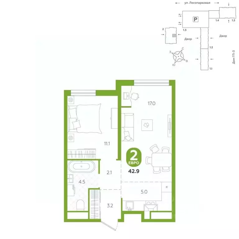 2-к кв. Тюменская область, Тюмень ул. Лесопарковая, 20 (42.9 м) - Фото 1