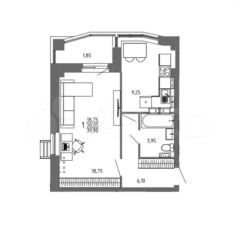 1-к. квартира, 39,9м, 6/9эт. - Фото 1