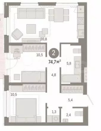 2-к. квартира, 74 м, 1/9 эт. - Фото 0