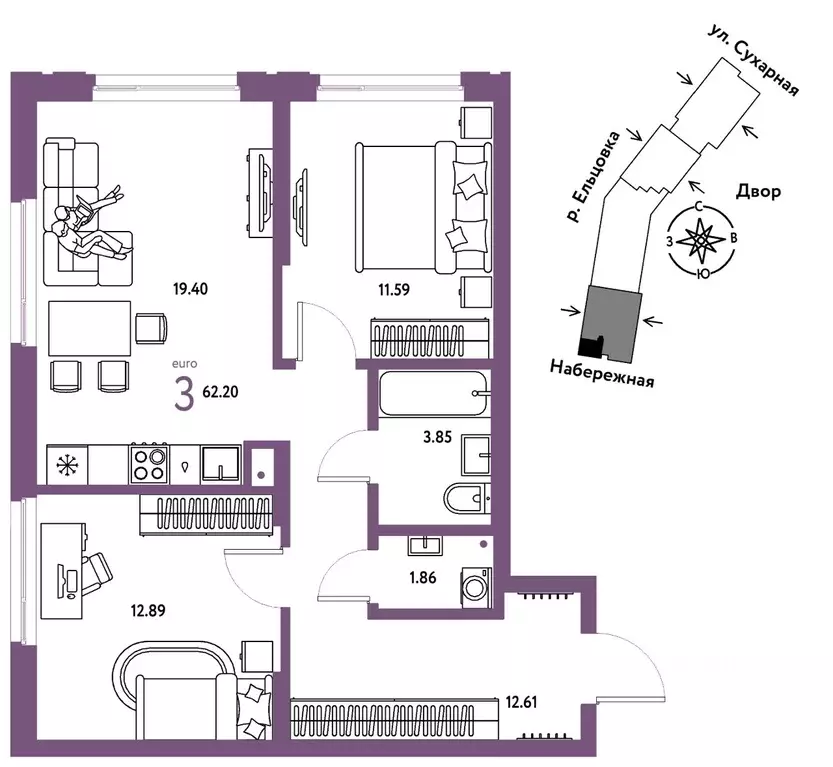 3-к кв. Новосибирская область, Новосибирск Сухарная ул., 109/2 (62.2 ... - Фото 1