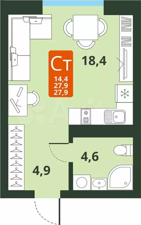 1-к. квартира, 27,9 м, 3/15 эт. - Фото 0