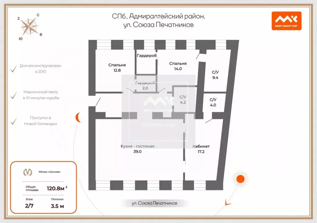 3-к кв. Санкт-Петербург Английский просп., 29 (120.8 м) - Фото 2