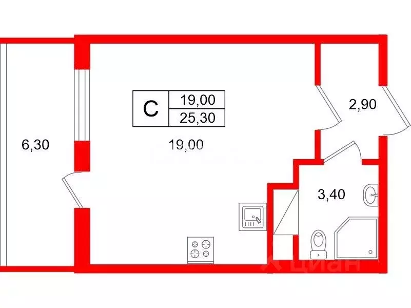 Квартира, студия, 25.3 м - Фото 1