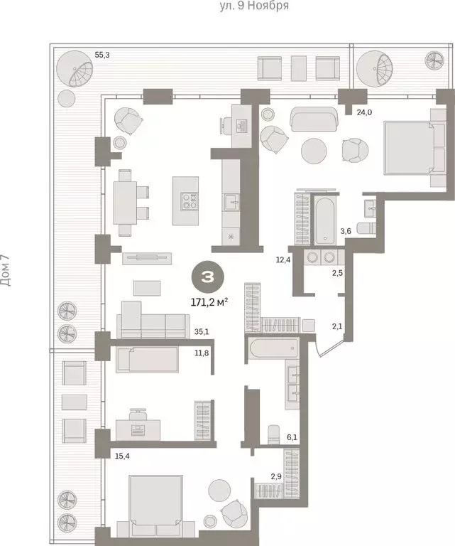 3-комнатная квартира: Новосибирск, улица Декабристов, 107/6 (169.9 м) - Фото 1