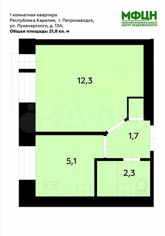1-к. квартира, 21,8 м, 2/5 эт. - Фото 0