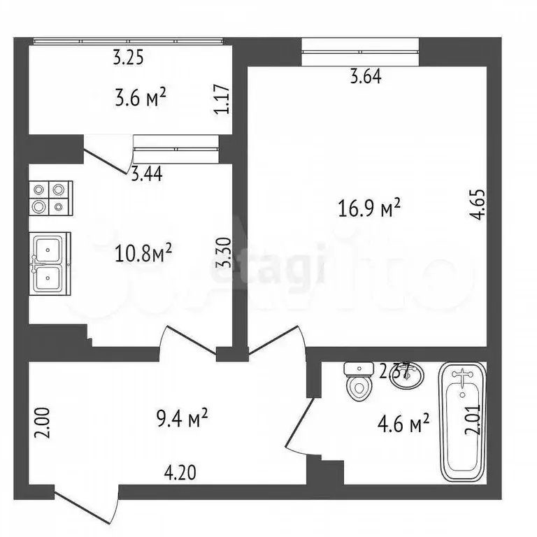 1-к. квартира, 45,3 м, 4/9 эт. - Фото 0
