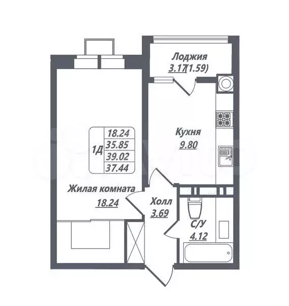 1-к. квартира, 37,4 м, 8/8 эт. - Фото 1