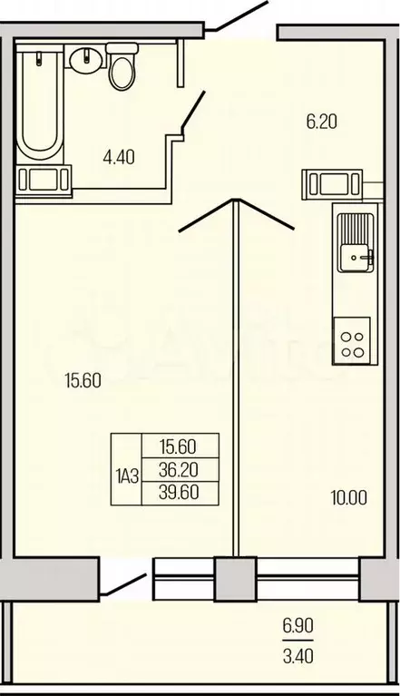 1-к. квартира, 39,6 м, 3/21 эт. - Фото 1