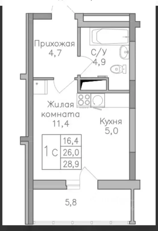 Студия Воронежская область, Воронеж Придонской мкр, ул. Мосина (28.9 ... - Фото 1