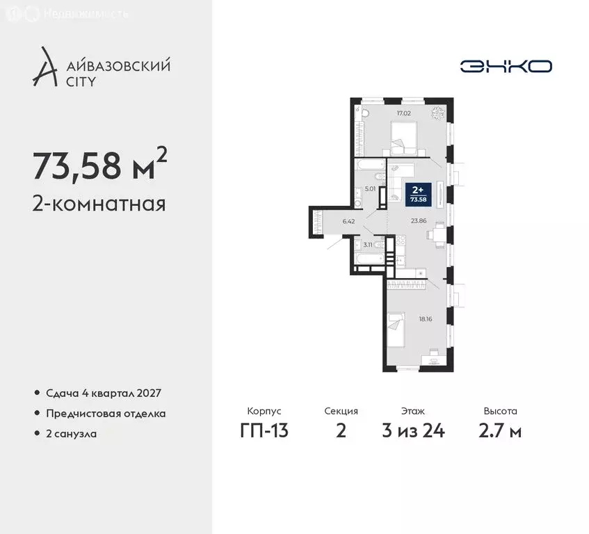 2-комнатная квартира: Тюмень, ЖК Айвазовский Сити (73.58 м) - Фото 0