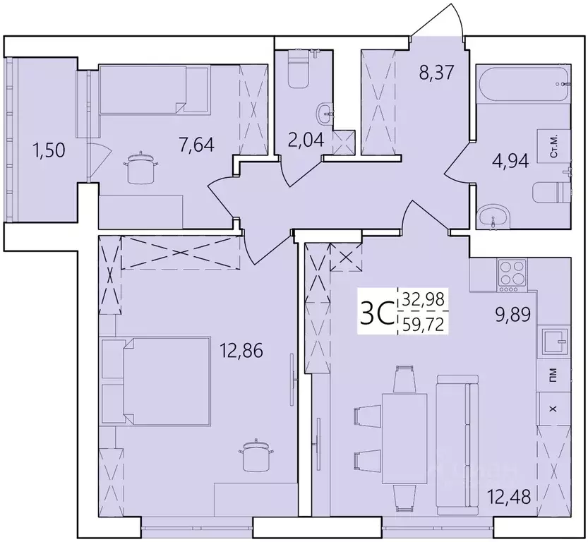 3-к кв. Башкортостан, Уфа Затон жилрайон, Волна жилой комплекс (59.72 ... - Фото 1