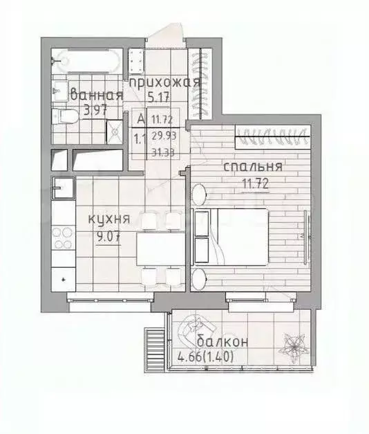 1-к кв. Татарстан, Казань ул. Четаева, 43А (31.7 м) - Фото 2