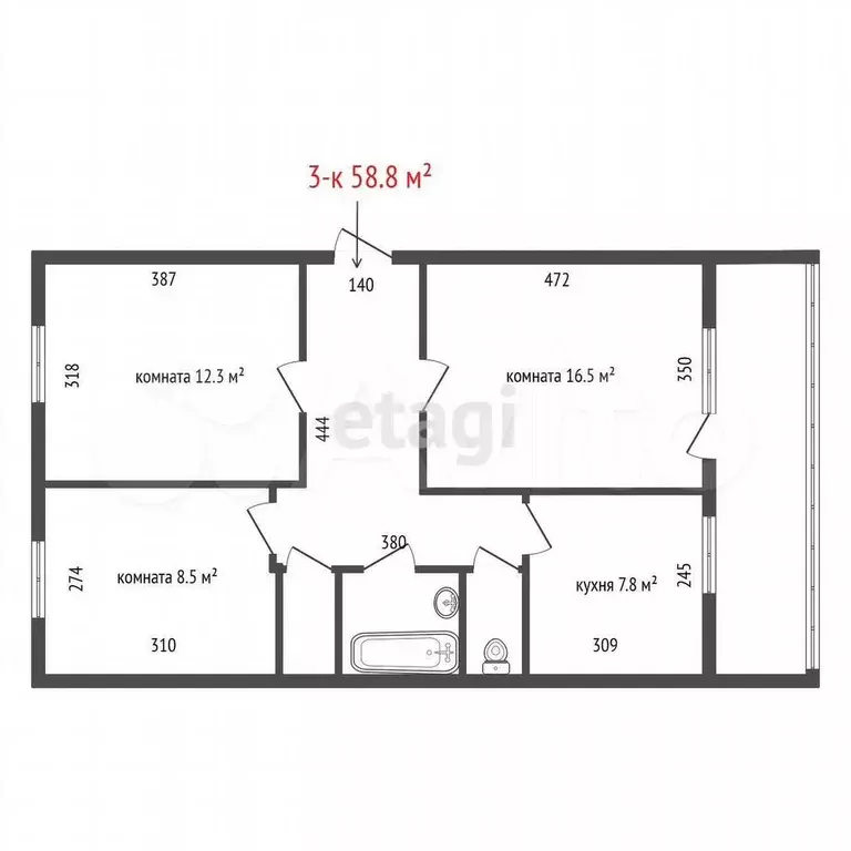 3-к. квартира, 58,8 м, 3/5 эт. - Фото 0