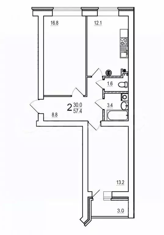 2-к кв. Тверская область, Тверь бул. Гусева, 62 (57.4 м) - Фото 2