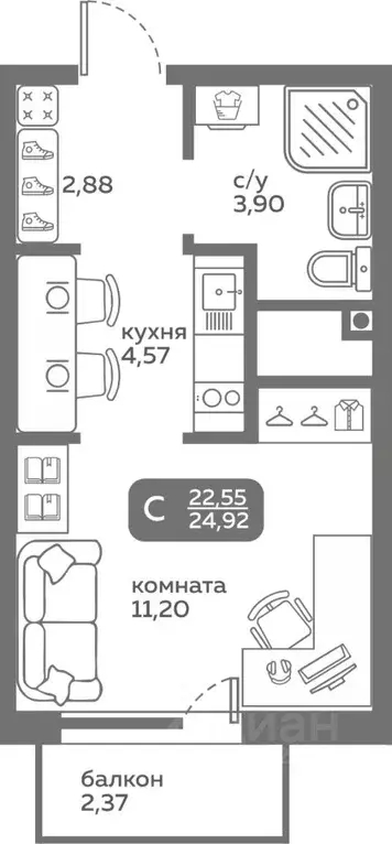 Студия Тюменская область, Тюмень ул. Вадима Бованенко, 10 (22.55 м) - Фото 0