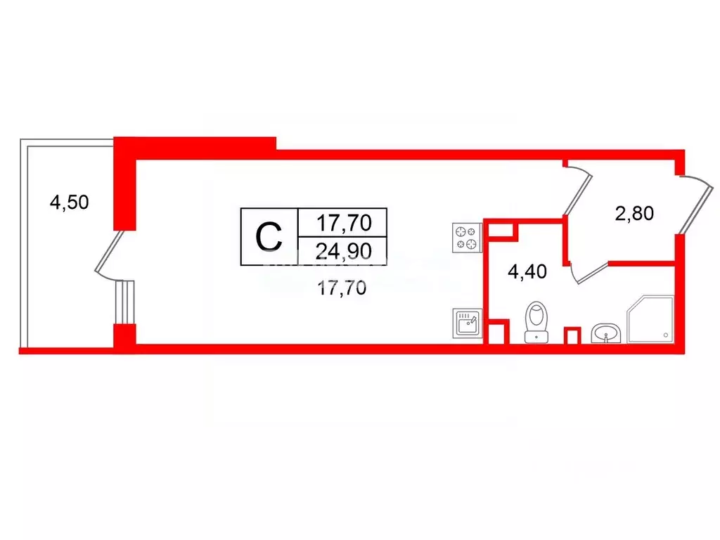 Студия Санкт-Петербург ул. Летчика Лихолетова, 14к2 (24.9 м) - Фото 1
