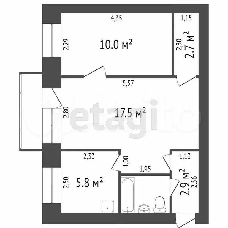 2-к. квартира, 44,9 м, 4/5 эт. - Фото 0