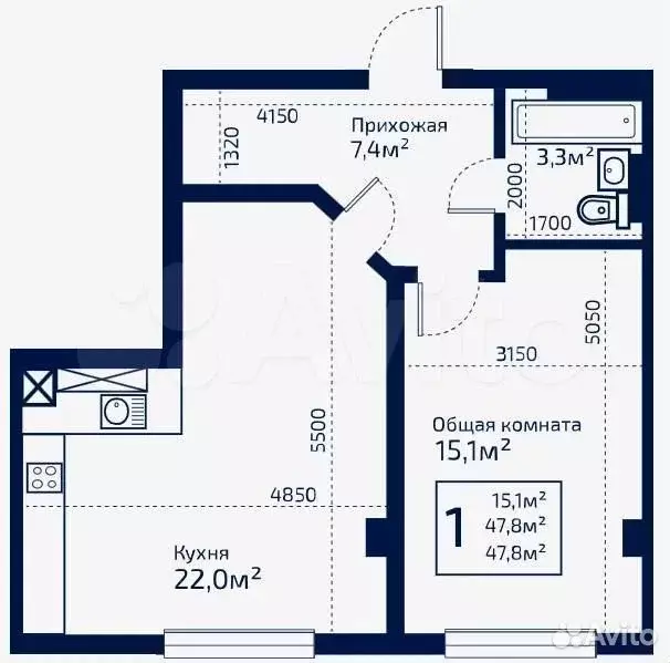 2-к. квартира, 73,7 м, 1/9 эт. - Фото 0