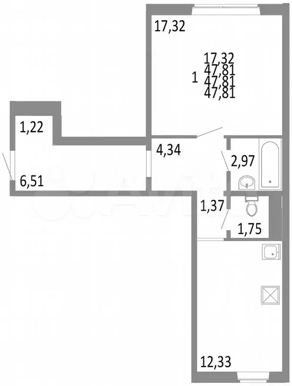 1-к. квартира, 47,8 м, 1/10 эт. - Фото 0