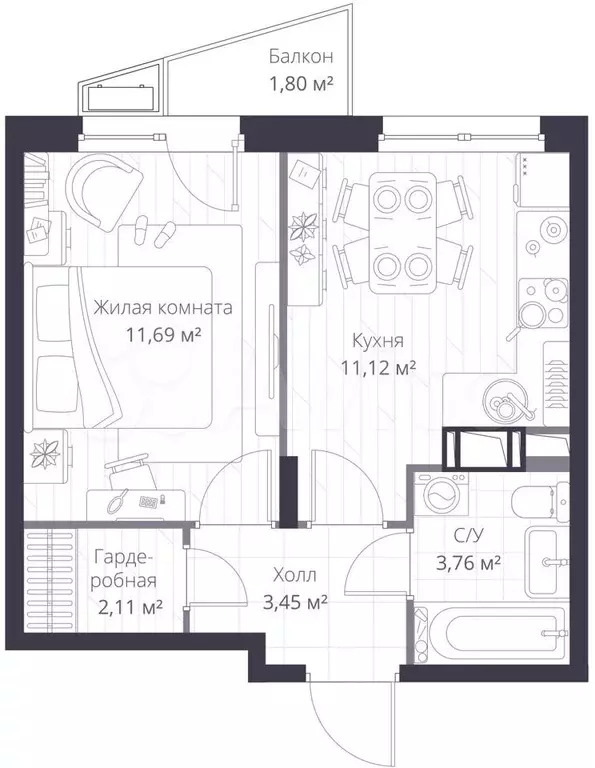 1-к. квартира, 32,7 м, 8/11 эт. - Фото 1