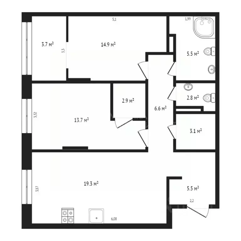 3-к кв. Тюменская область, Тюмень ул. 50 лет Октября, 57Бк1 (80.0 м) - Фото 2