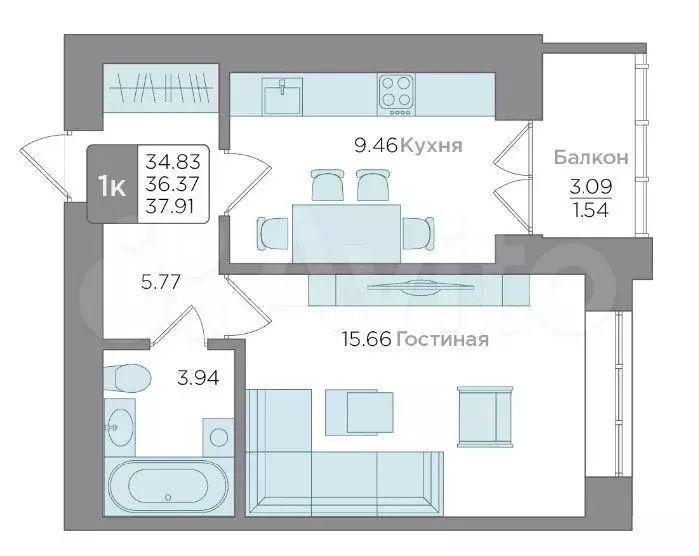 1-к. квартира, 37,9 м, 8/9 эт. - Фото 1