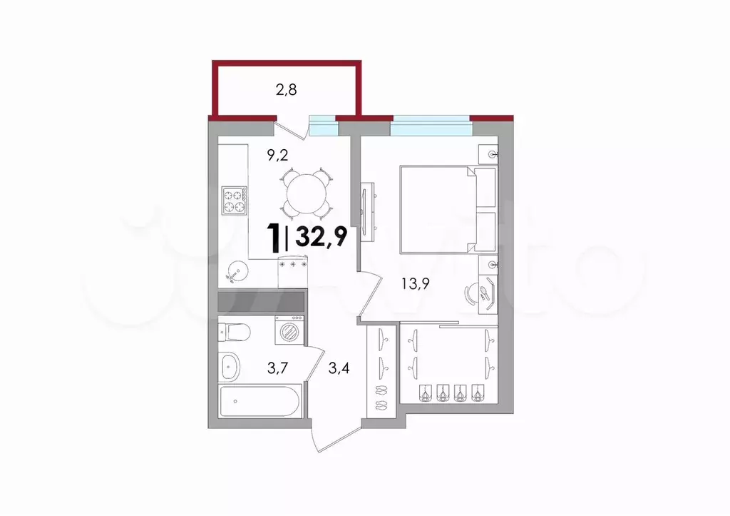 1-к. квартира, 32,9 м, 7/18 эт. - Фото 1