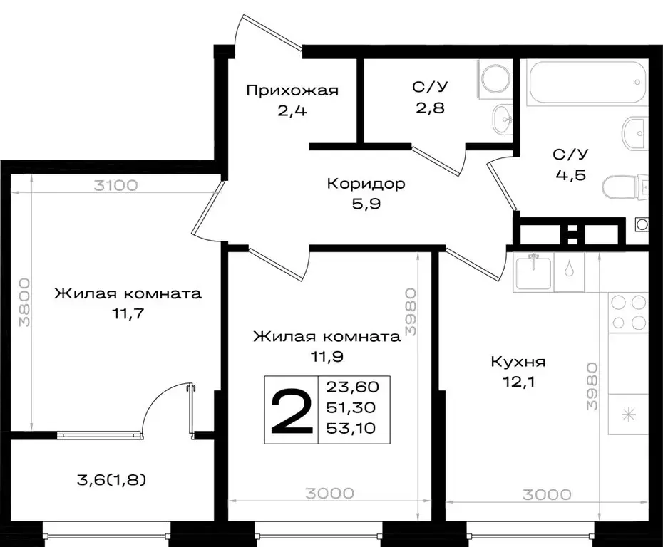 2-комнатная квартира: Аксай, Новый Аксай (53.1 м) - Фото 1