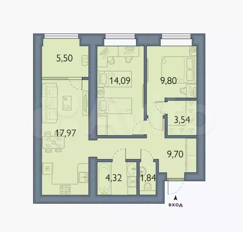 2-к. квартира, 66,8 м, 4/8 эт. - Фото 1