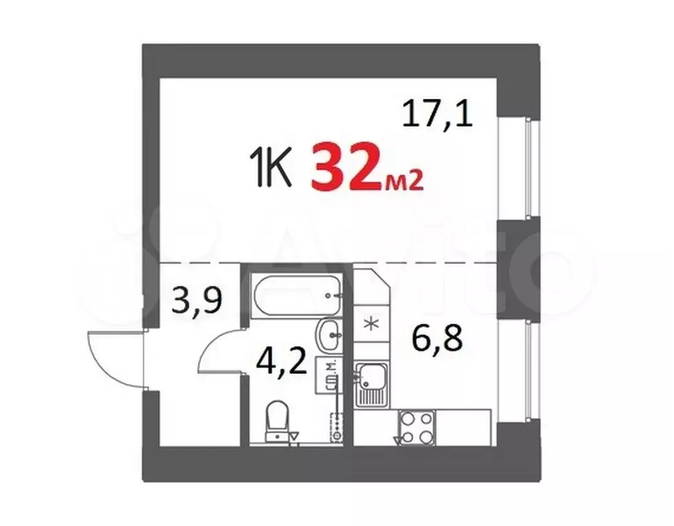 1-к. квартира, 32 м, 2/9 эт. - Фото 0