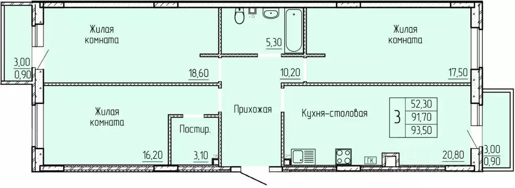 3-к кв. Ростовская область, Батайск ул. Леонова, 12к2 (92.8 м) - Фото 0