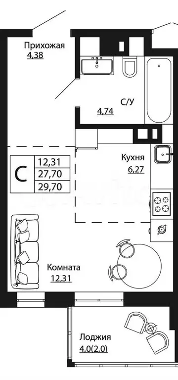 Квартира-студия, 29,7 м, 1/24 эт. - Фото 1