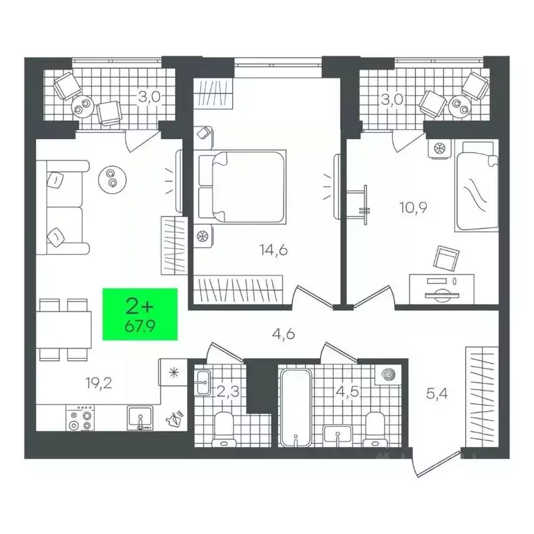 2-к кв. Тюменская область, Тюмень ул. Николая Глебова, 10 (67.98 м) - Фото 0